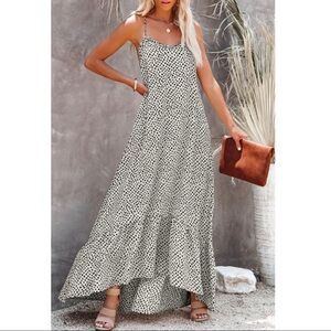 White and Black Polka Dot Printed High Low Ruffle Maxi Dress